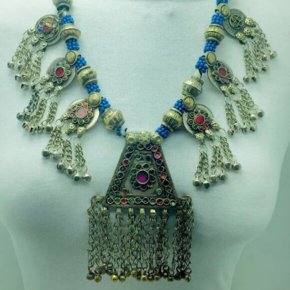 Afghan Vintage Long Dangling Pendant Necklace, Beaded Vintage Pendant Necklace - Picture 1 of 9